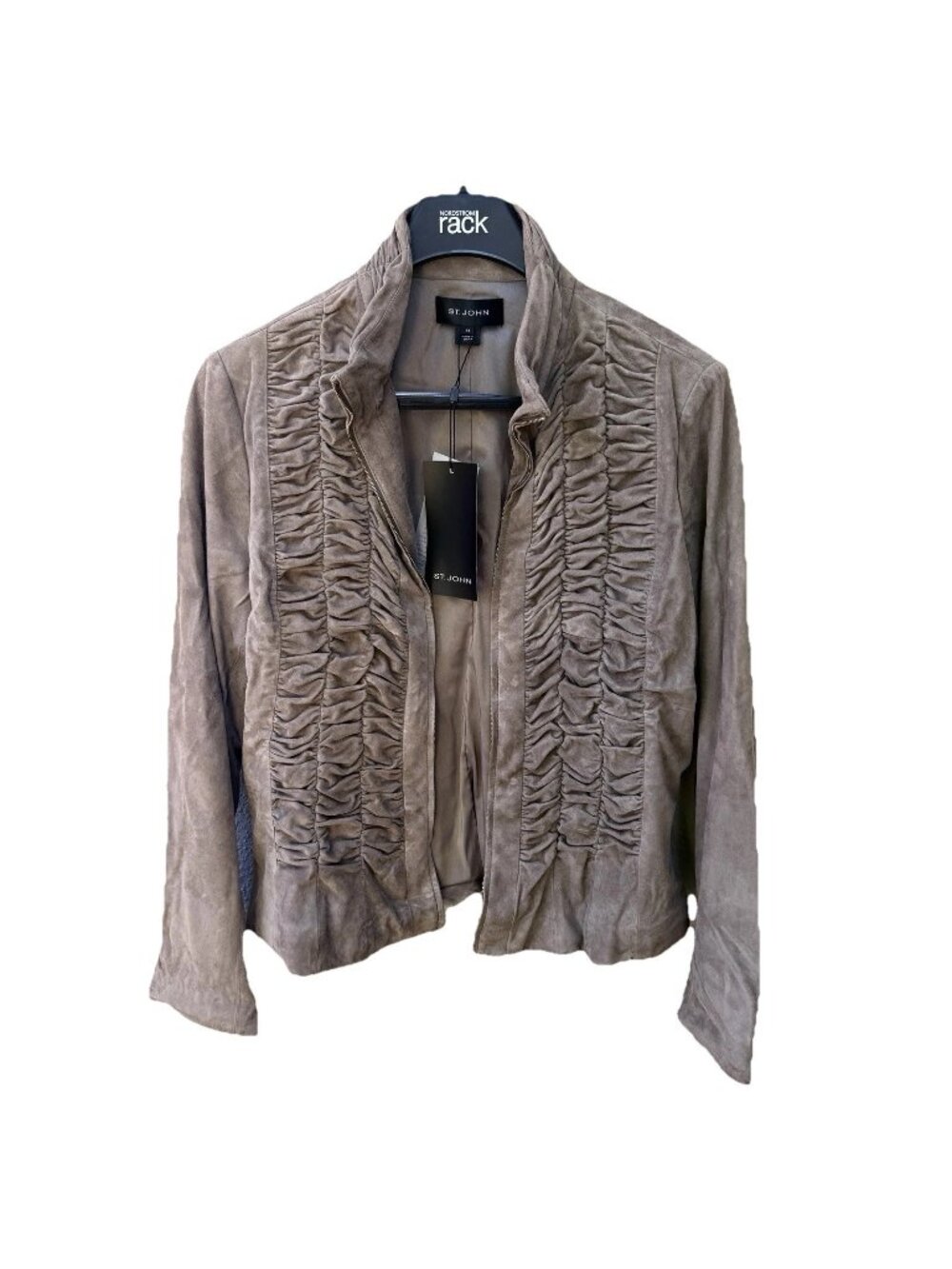 NWT St John Goat Suede Leather Jacket Womens Size 14 Beige Ruched  Avante Garde